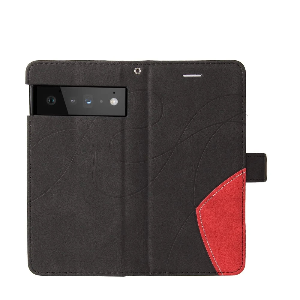 For Google Pixel 6 Leather Case Wallet Stand Color Splicing Phone Cover - Black - 6