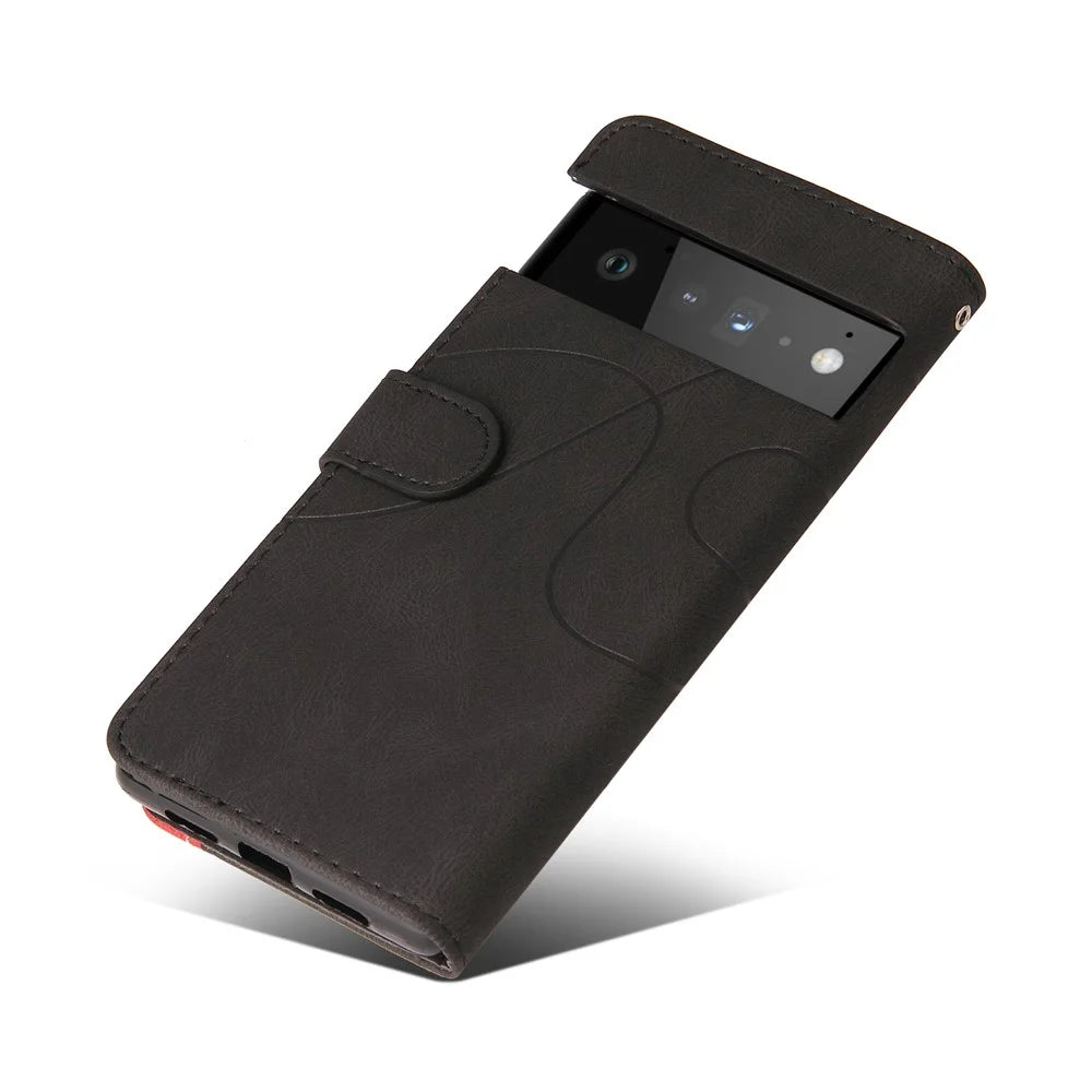 For Google Pixel 6 Leather Case Wallet Stand Color Splicing Phone Cover - Black - 7