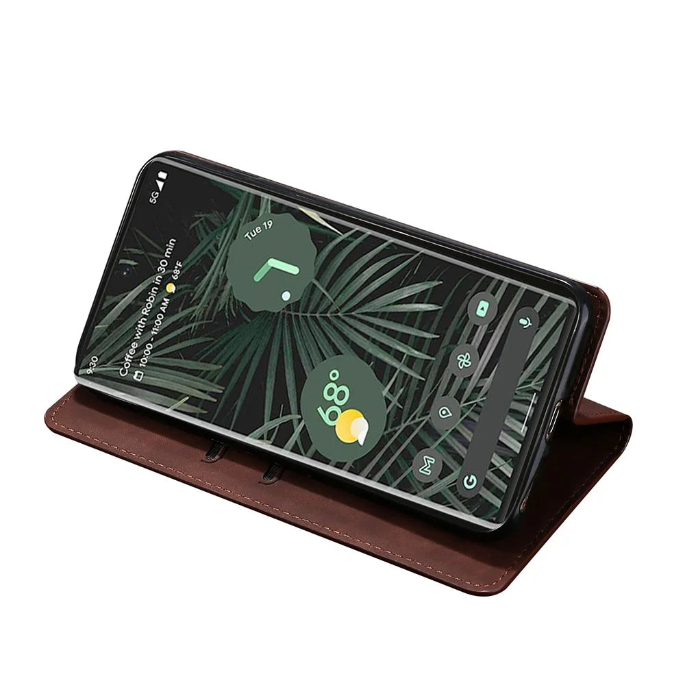 Card Slots Design Full Protection Magnetic Auto-absorbed Skin-touch Leather Stand Case for Google Pixel 6 Pro - Dark Brown - 4