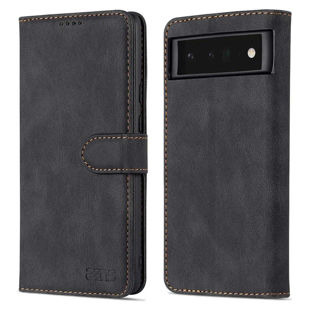 AZNS TPU+PU Leather Wallet Stand Phone Case Well-protected Flip Phone Shell for Google Pixel 6 Pro - Black - 1