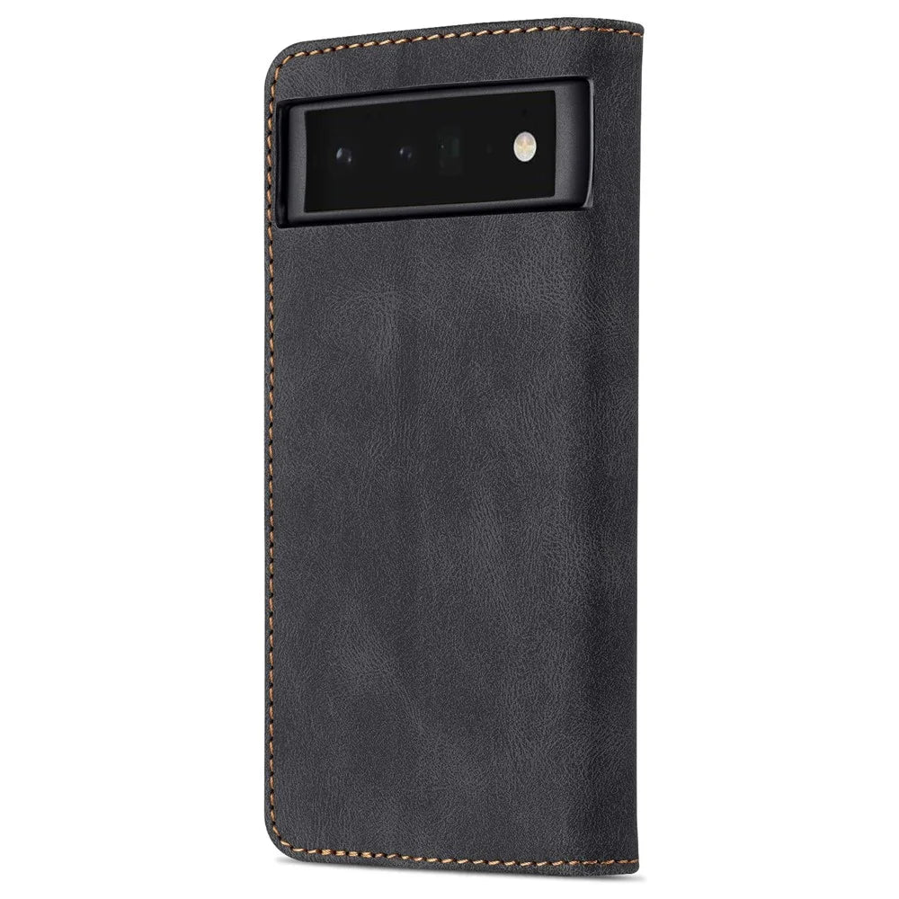 AZNS TPU+PU Leather Wallet Stand Phone Case Well-protected Flip Phone Shell for Google Pixel 6 Pro - Black - 3