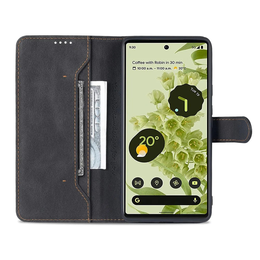 AZNS TPU+PU Leather Wallet Stand Phone Case Well-protected Flip Phone Shell for Google Pixel 6 Pro - Black - 7