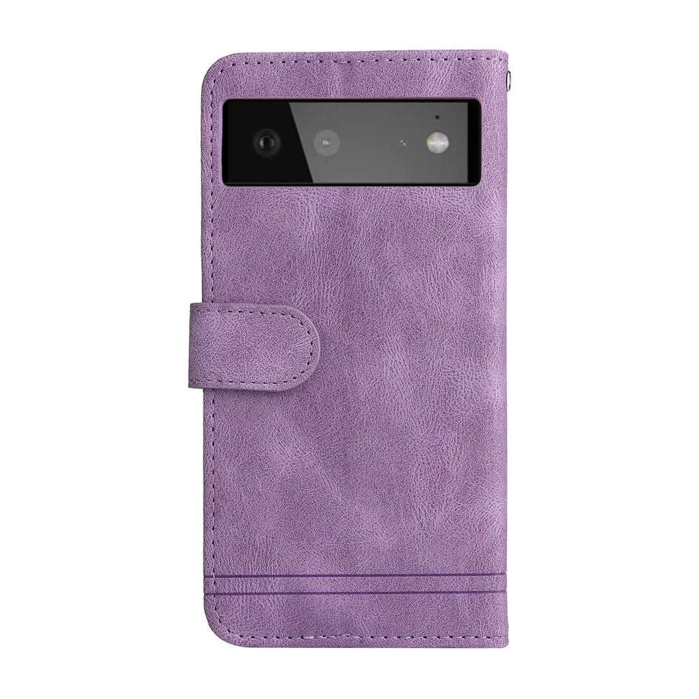 For Google Pixel 6 Leather Wallet Cases Skin Touch Phone Cover Stand with Strap - Purple - 3