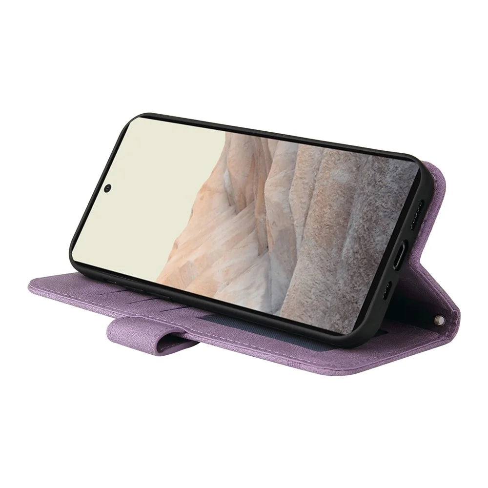 For Google Pixel 6 Leather Wallet Cases Skin Touch Phone Cover Stand with Strap - Purple - 5