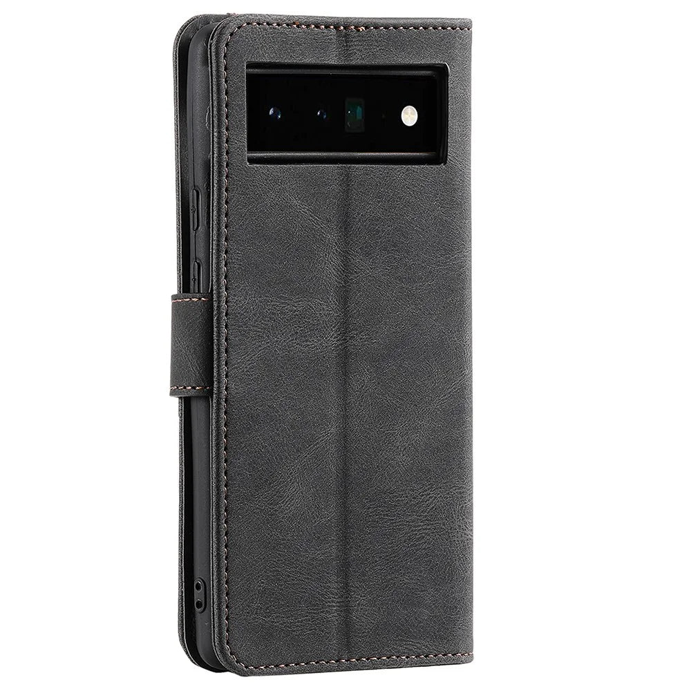 Splicing PU Leather and TPU Phone Flip Case Stitching Skin-touch Stand Wallet Phone Protective Cover for Google Pixel 6 Pro - Black - 4