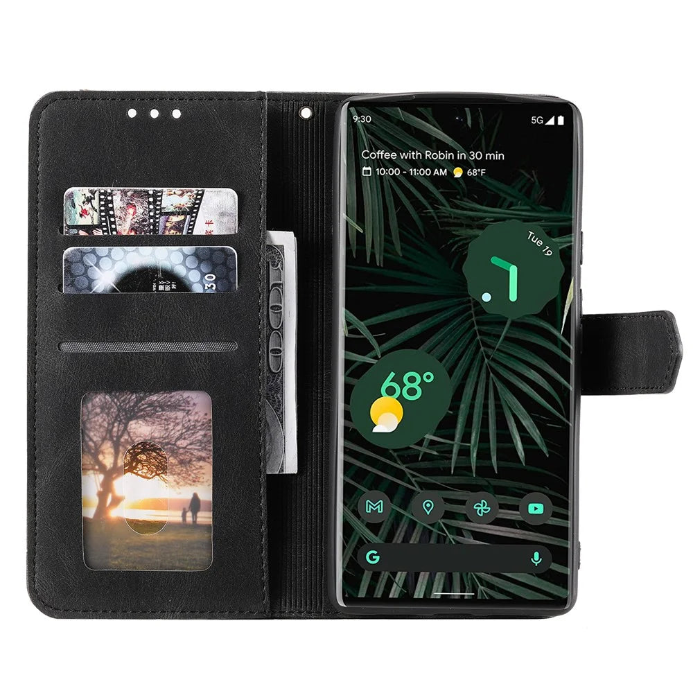 Splicing PU Leather and TPU Phone Flip Case Stitching Skin-touch Stand Wallet Phone Protective Cover for Google Pixel 6 Pro - Black - 6