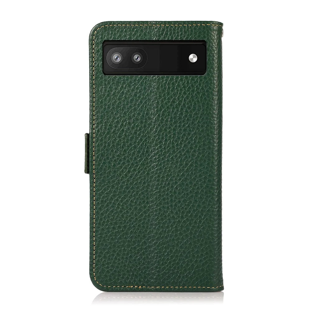 KHAZNEH Genuine Leather Litchi Texture Protective Cover RFID Blocking Phone Case for Google Pixel 6a - Green - 3