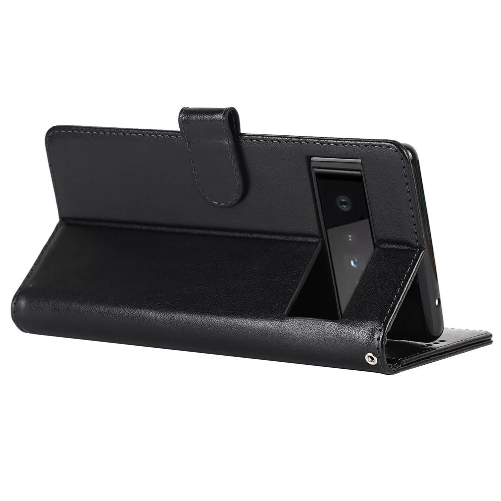 R61 Texture Felled Seam PU Leather Cover Wallet Phone Case Shell with Foldable Stand for Google Pixel 6 Pro - Black - 4