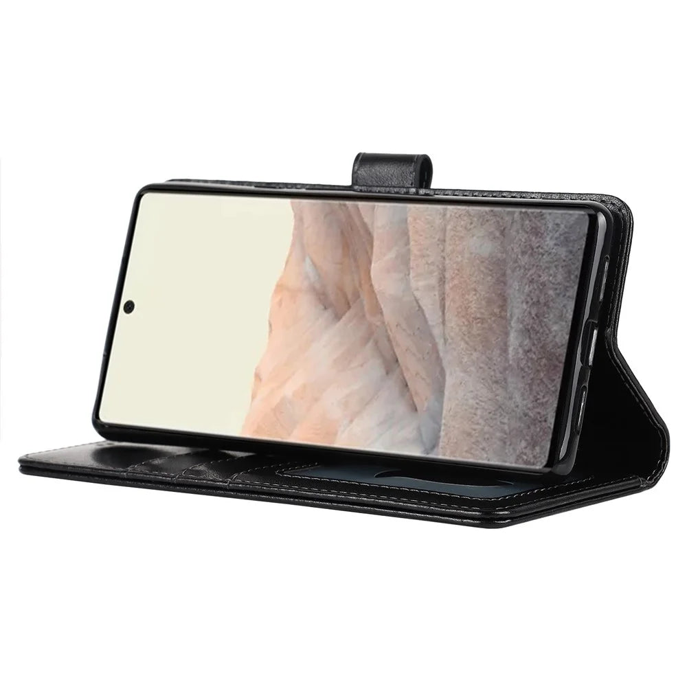 R61 Texture Felled Seam PU Leather Cover Wallet Phone Case Shell with Foldable Stand for Google Pixel 6 Pro - Black - 5