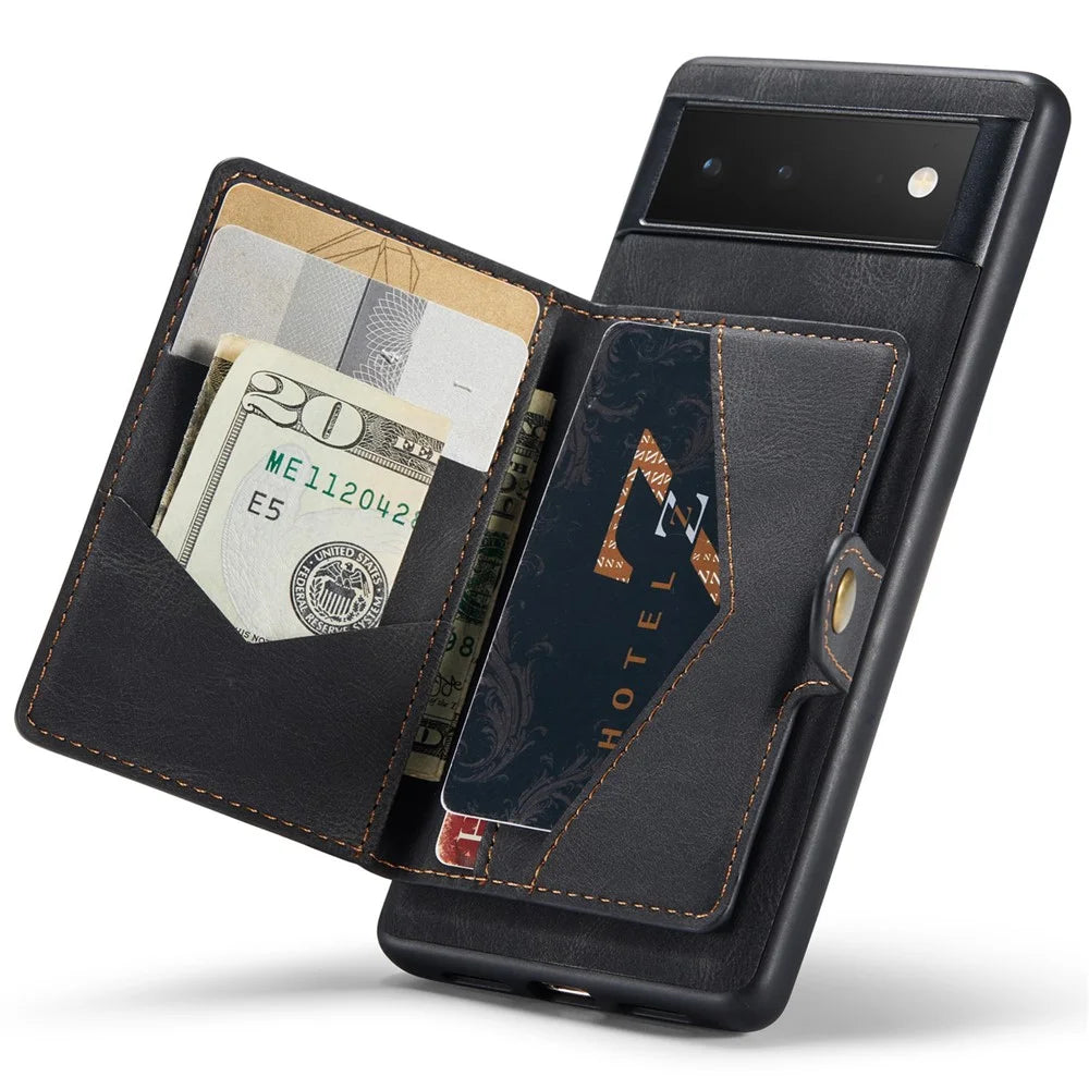 JEEHOOD Kickstand Function Detachable 2-in-1 Phone Case Drop-proof Wallet Magnetic Design Leather Coated TPU Cover for Google Pixel 6 - Black - 7