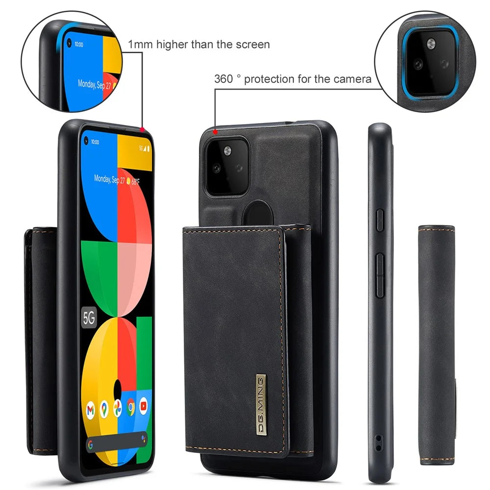 DG.MING M1 Series Phone Case PU + TPU + PC Back Cover with Magnetic Tri-Fold Wallet Kickstand for Google Pixel 5a 5G - Black - 6