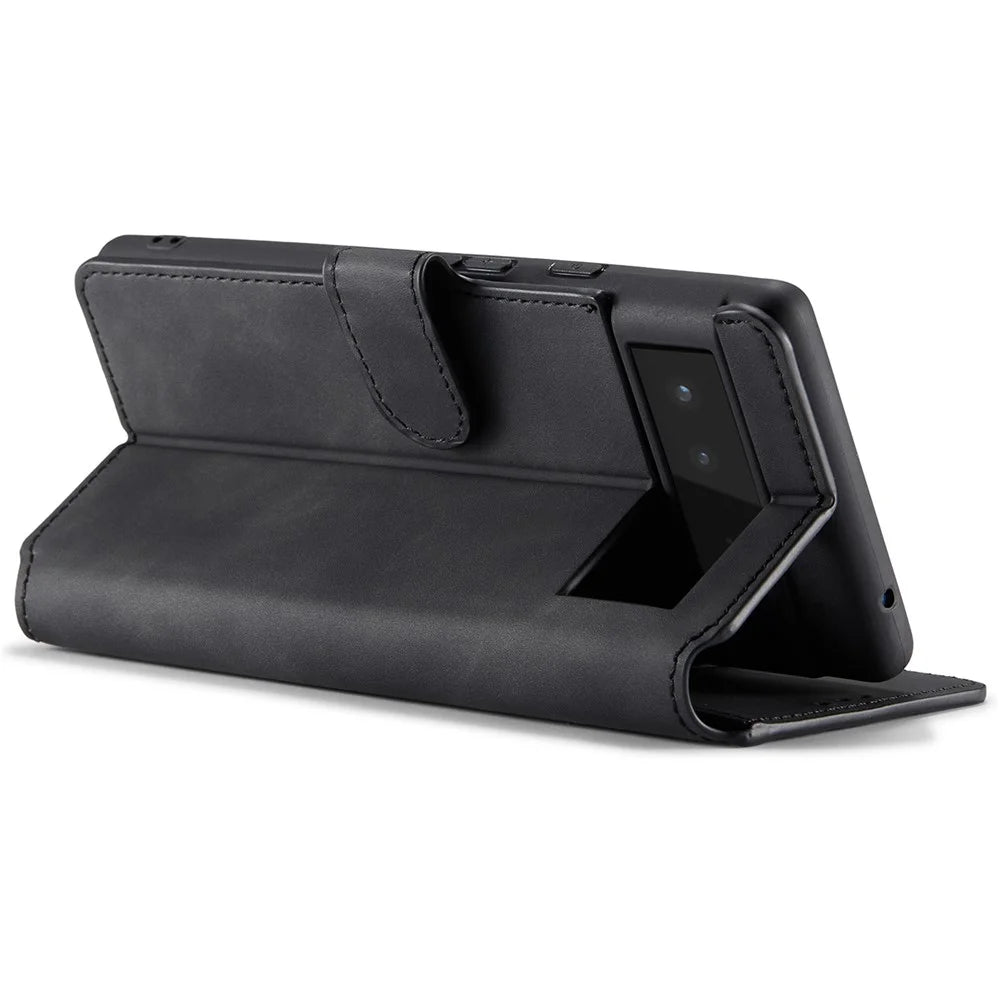 DG.MING Full Protection Retro Style PU Leather Cover Inner TPU Phone Case with Stand Wallet for Google Pixel 6 - Black - 4