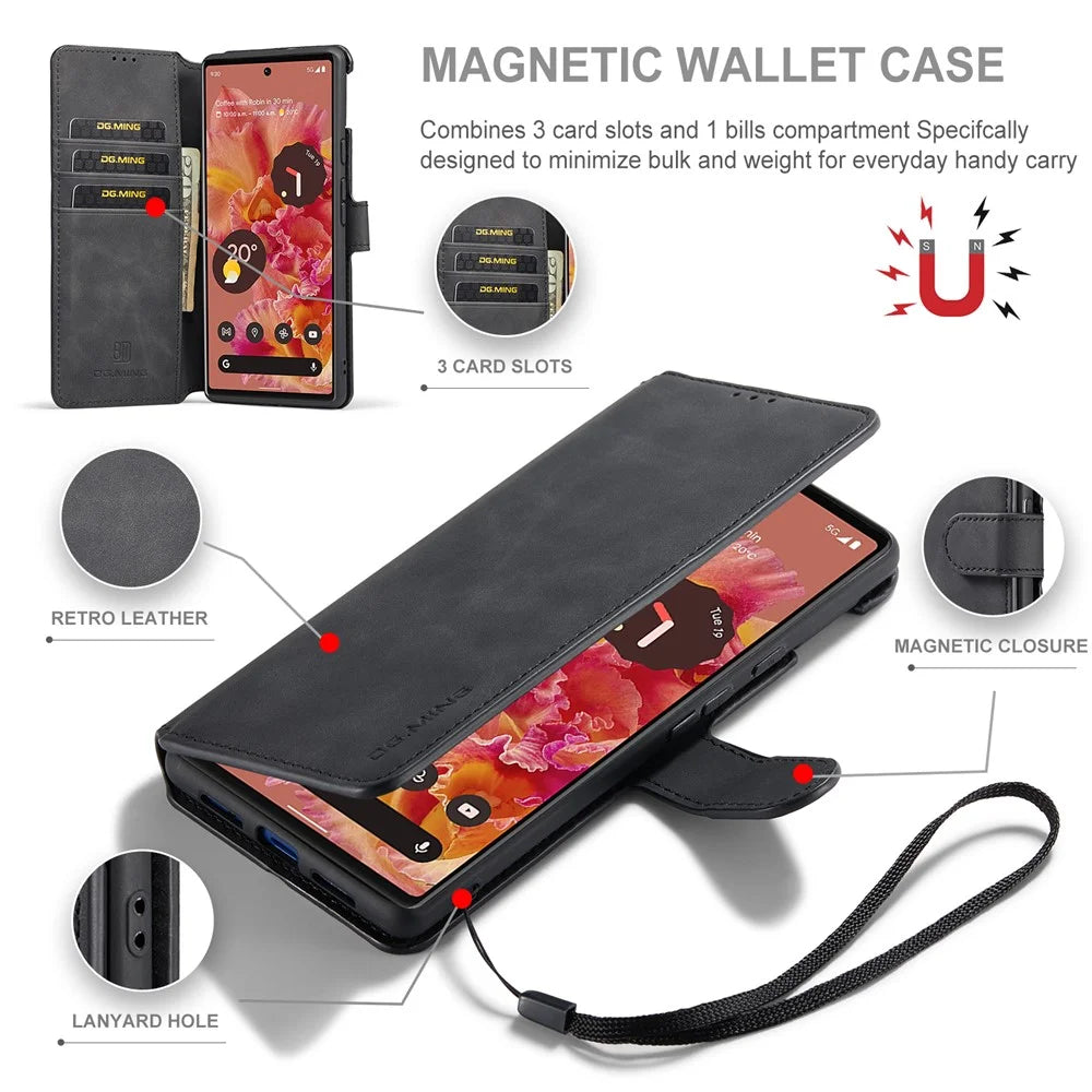 DG.MING Full Protection Retro Style PU Leather Cover Inner TPU Phone Case with Stand Wallet for Google Pixel 6 - Black - 7