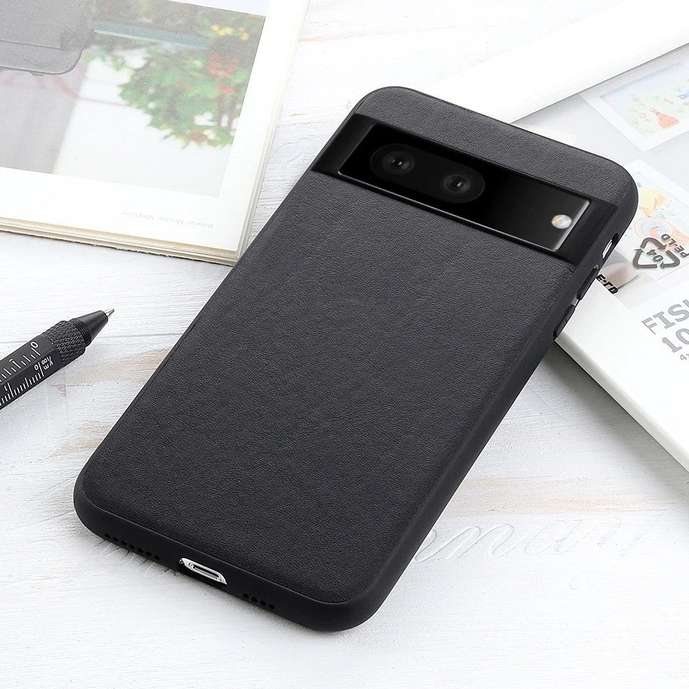 For Google Pixel 7 5G Ultra-Thin Textured Genuine Leather Phone Case PC + TPU Hybrid Anti-Drop Cover - Black - 2