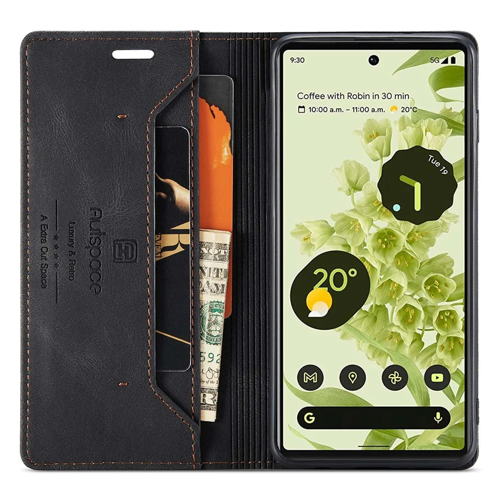 AUTSPACE A01 Series for Google Pixel 6 PU Leather Case RFID Blocking Wallet Stand Flip Cover - Black - 2