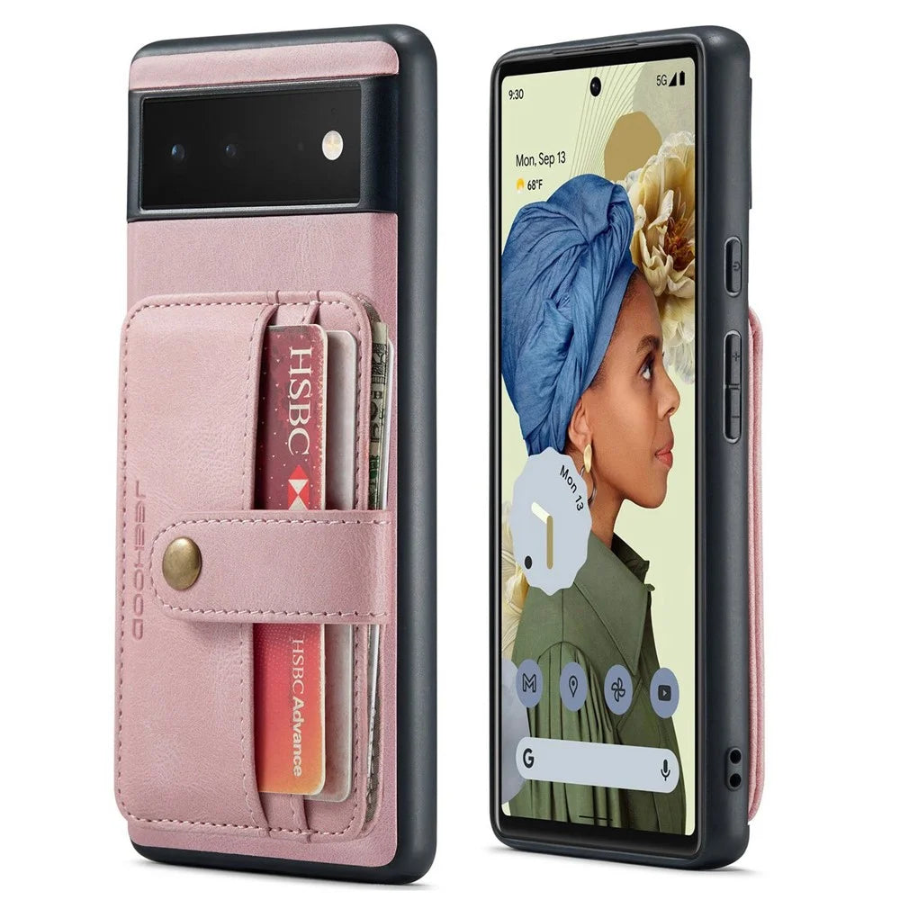 JEEHOOD Shockproof Phone Cover for Google Pixel 6 RFID Blocking Wallet Phone Case Anti-Scratch Phone Shell Support Wireless Charging - Pink - 1
