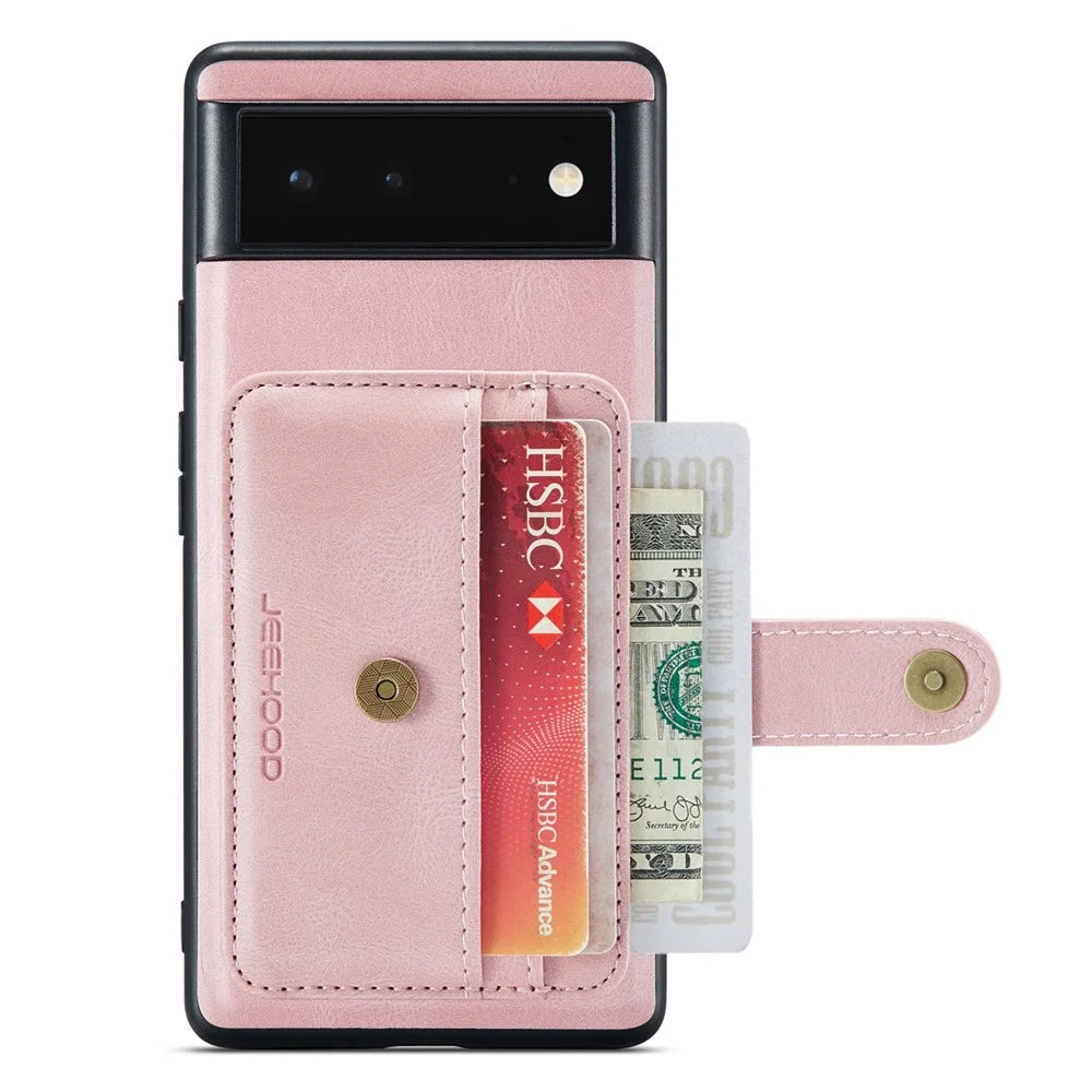 JEEHOOD Shockproof Phone Cover for Google Pixel 6 RFID Blocking Wallet Phone Case Anti-Scratch Phone Shell Support Wireless Charging - Pink - 2