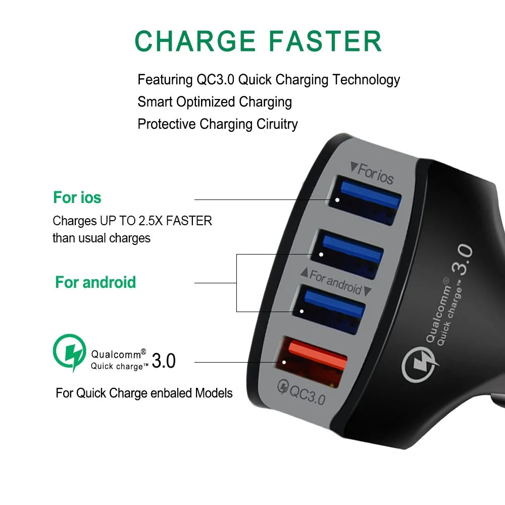 Universal 4 Ports USB QC3.0 Mobile Phone Car Charger Adapter for iPhone Samsung Huawei - 5