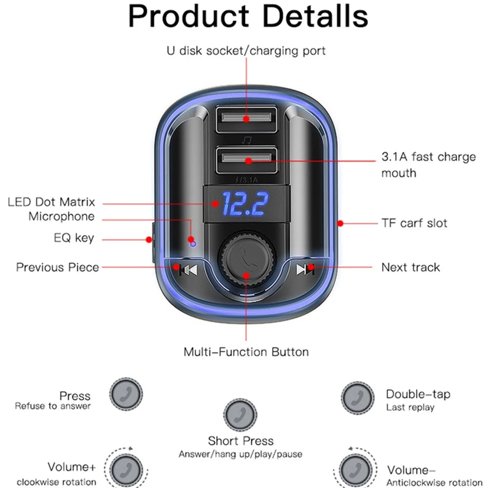 YESIDO Y44 Bluetooth-compatible FM Transmitter for Car 2 USB Ports Charger Battery Voltage Detection Audio Adapter - 7
