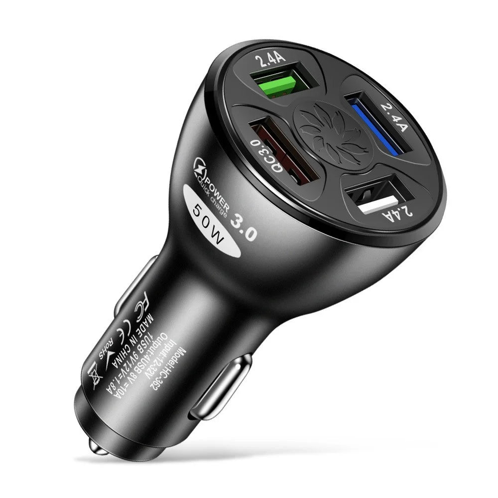 50W 4 USB Ports QC3.0 Fast Charging Car Charger Phone Power Adapter - Black - 1