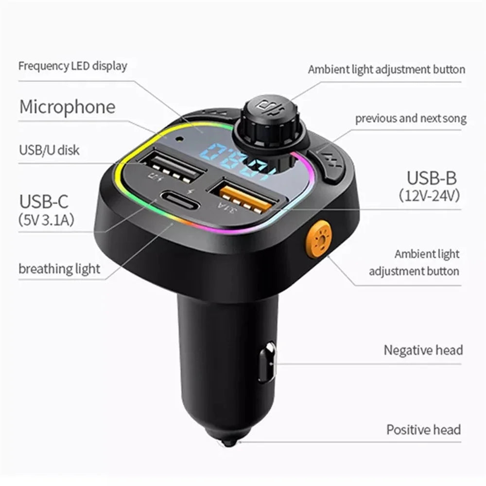 C28 Bluetooth-compatible FM Transmitter Hands-free Call Car MP3 Music Player Type-C + Dual USB Phone Charger with Colorful Light - 2
