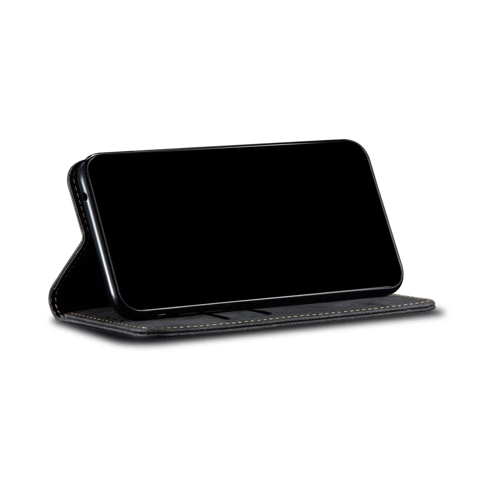 Jeans Cloth Texture Leather Wallet Stand Case for Realme 8/8 Pro - Black - 4