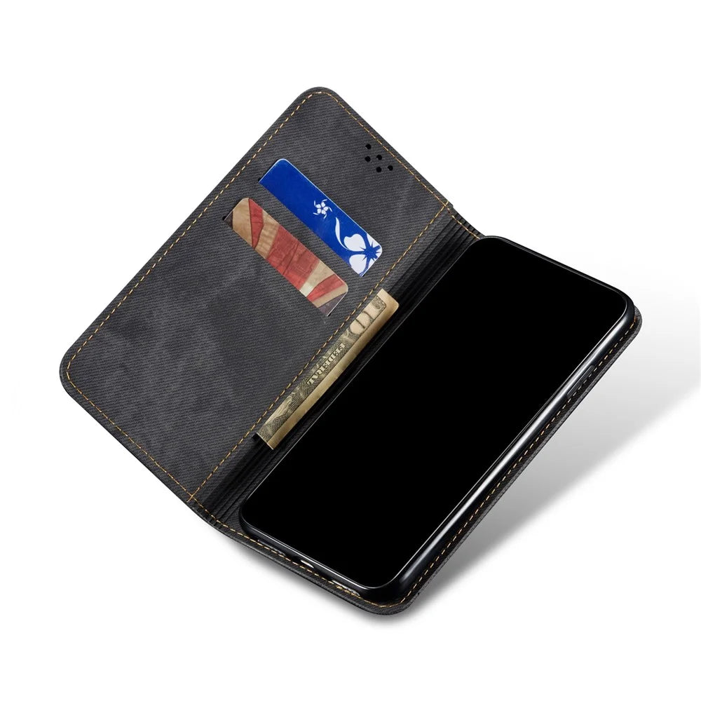 Jeans Cloth Texture Leather Wallet Stand Case for Realme 8/8 Pro - Black - 5