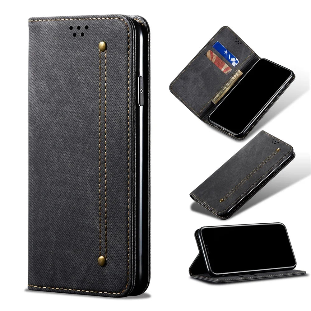 Jeans Cloth Texture Leather Wallet Stand Case for Realme 8/8 Pro - Black - 7