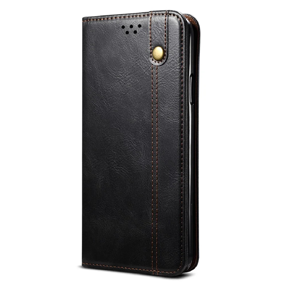 Oil-Waxy Leather Phone Cover with Wallet Stand for Realme 8/8 Pro - Black - 2