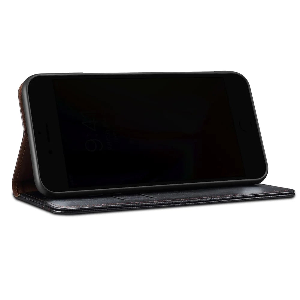 Oil-Waxy Leather Phone Cover with Wallet Stand for Realme 8/8 Pro - Black - 4