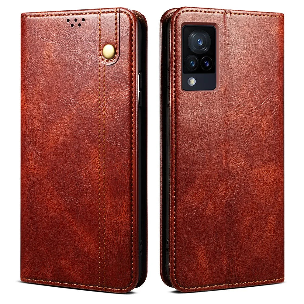 Oil-Waxy Wallet Design Leather Protective Phone Case with Stand for vivo V21e 4G / Y73 2021 - Brown - 1