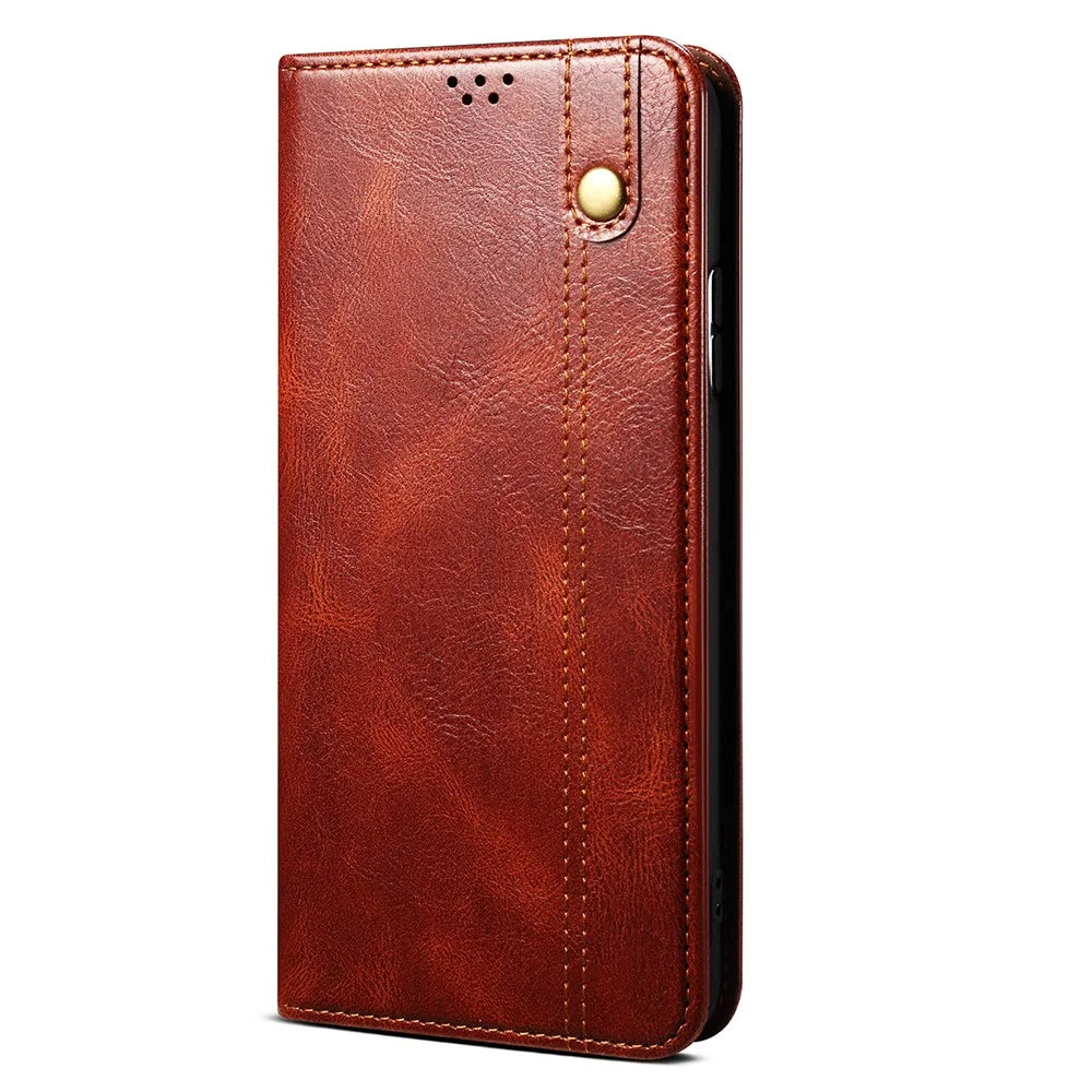 Oil-Waxy Wallet Design Leather Protective Phone Case with Stand for vivo V21e 4G / Y73 2021 - Brown - 2