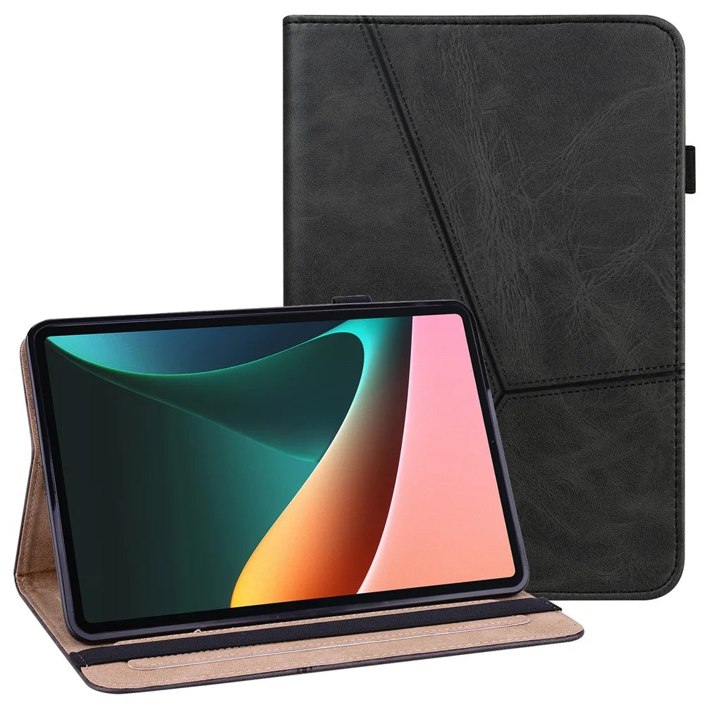 Line Imprinted Anti-Fall Multi-Angle Viewing Stand Folio Flip PU Leather Case with Card Slots and Elastic Band for Realme Pad 10.4 - Black - 1