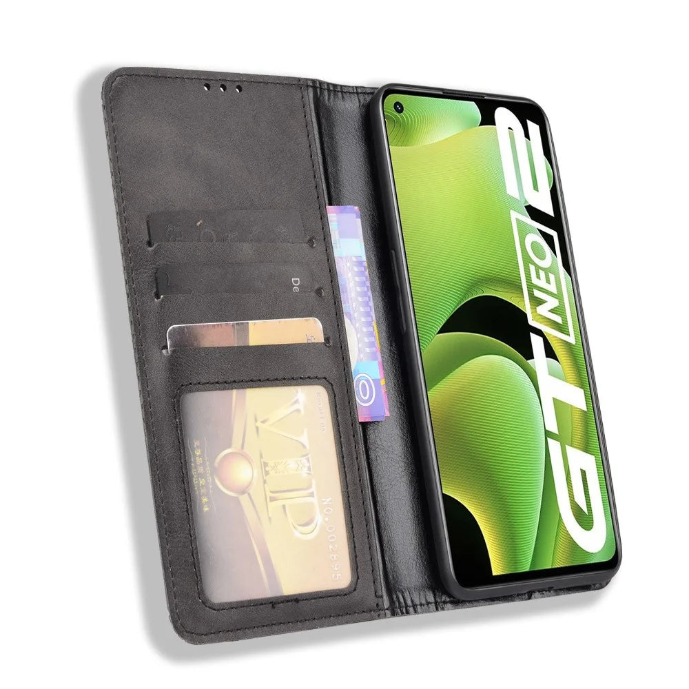 For Realme GT Neo2 5G/GT Neo 3T 5G Anti-Drop Retro Textured Surface Protective Phone Leather Case Wallet Stand Cover - Black - 4