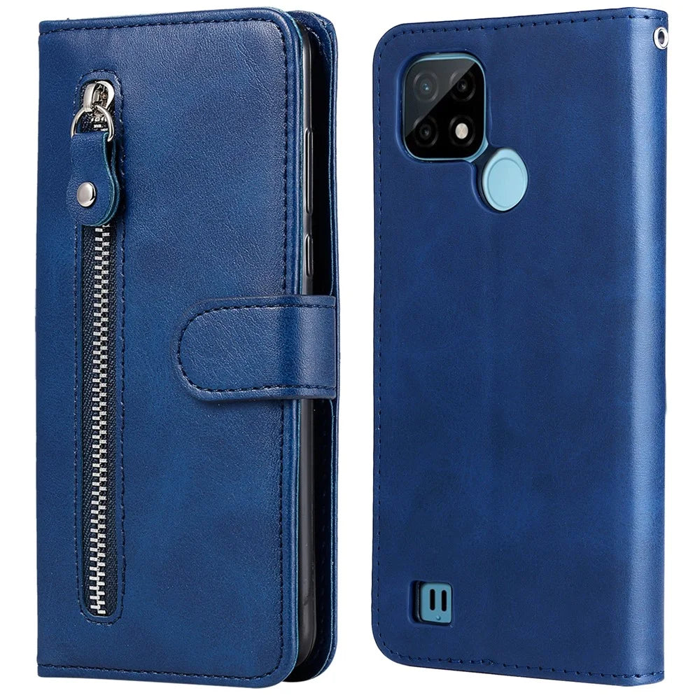 Shockproof Anti-scratch Phone Covering PU Leather Zippered Pocket Phone Case Coin Wallet Stand Folding Case for Realme C21Y/C21/C25Y - Blue - 1