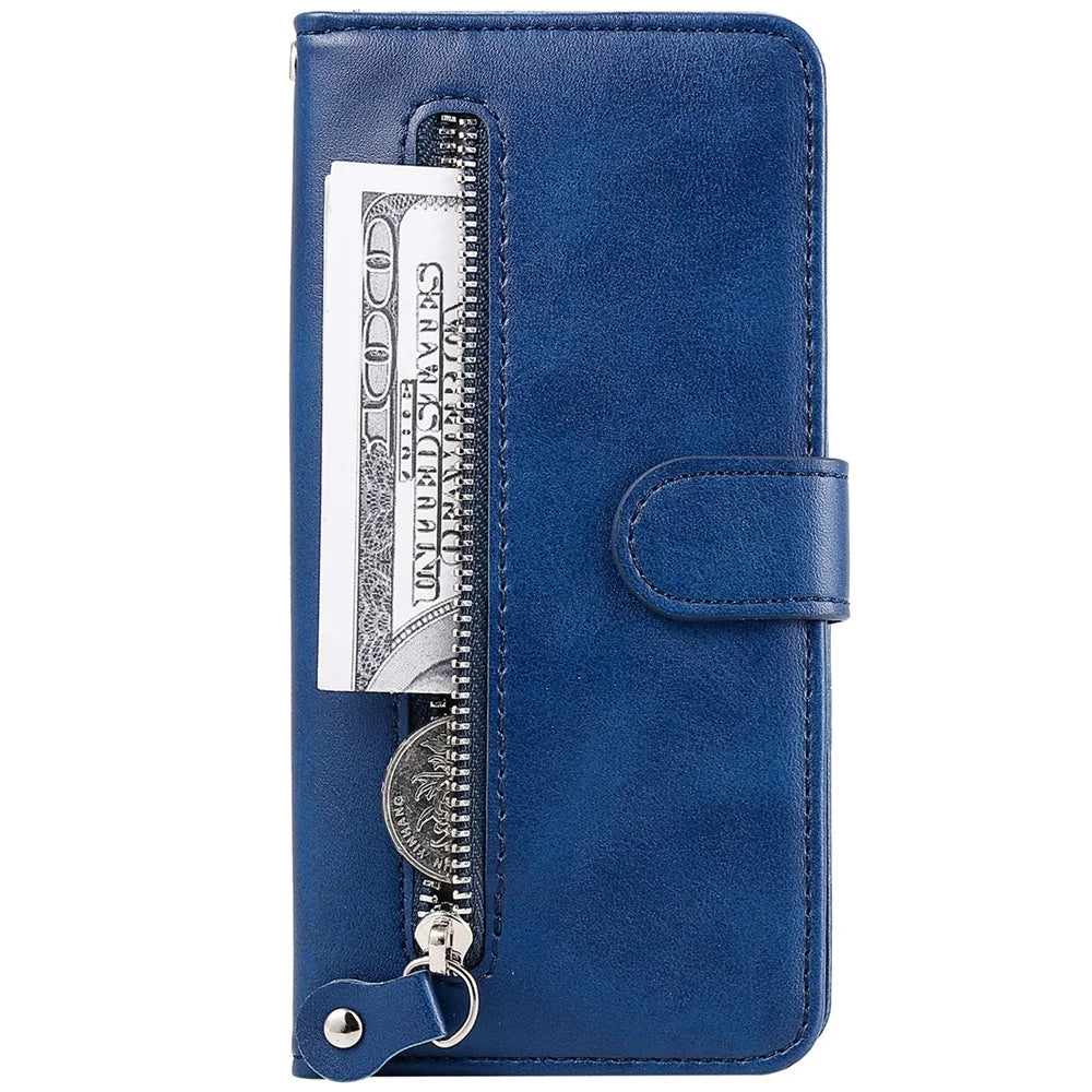 Shockproof Anti-scratch Phone Covering PU Leather Zippered Pocket Phone Case Coin Wallet Stand Folding Case for Realme C21Y/C21/C25Y - Blue - 7