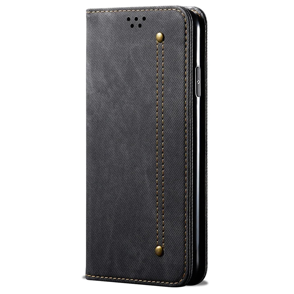 Jeans Cloth Texture Well-protected PU Leather Flip Case Wallet Stand TPU Inner Shell Phone Cover for Realme C21Y/C25Y - Black - 2