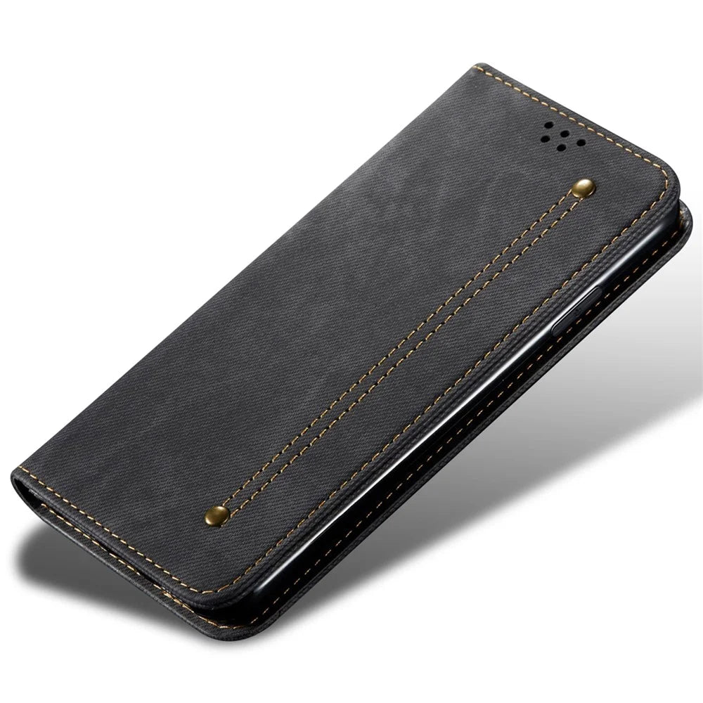 Jeans Cloth Texture Well-protected PU Leather Flip Case Wallet Stand TPU Inner Shell Phone Cover for Realme C21Y/C25Y - Black - 6