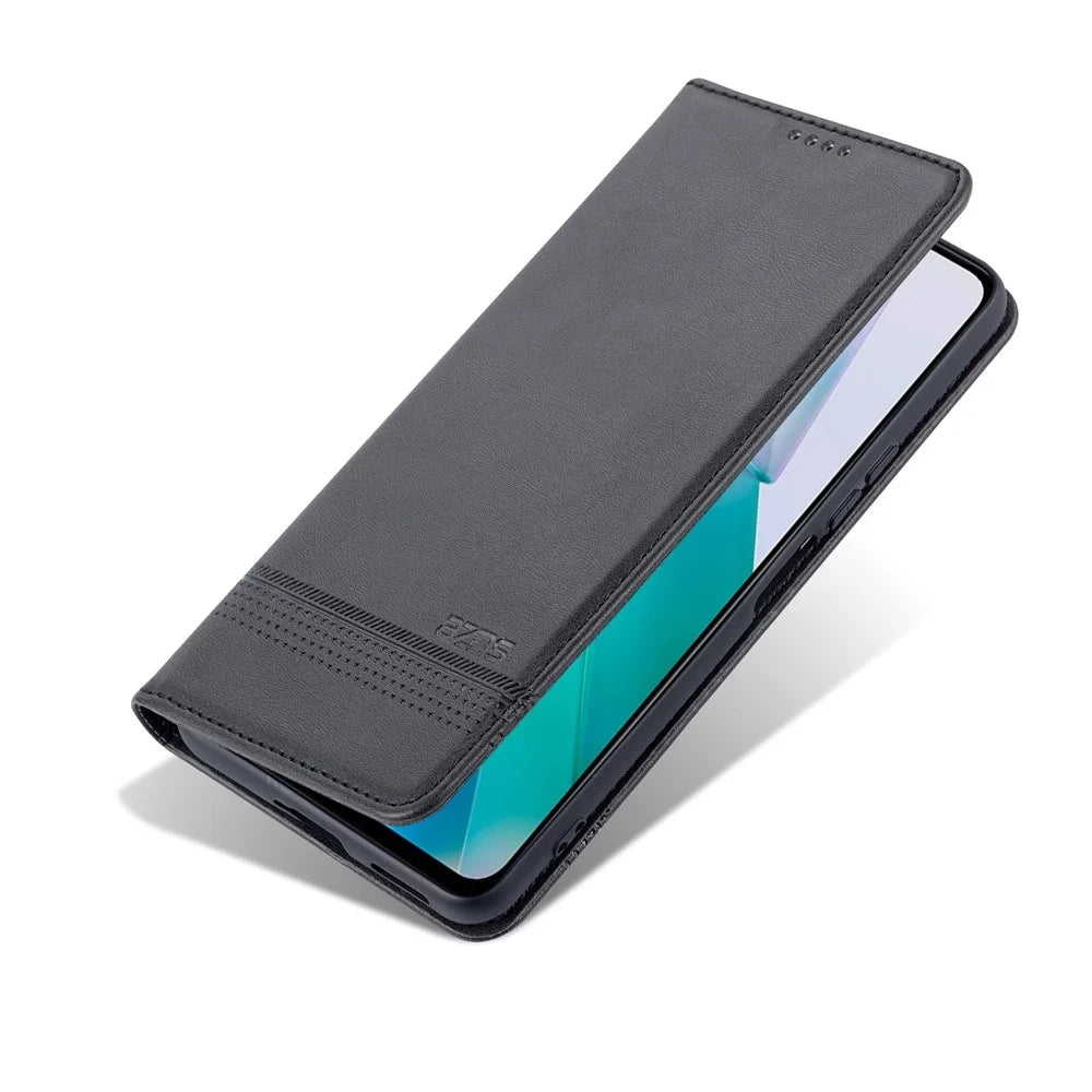 AZNS Wallet Stand Phone Case TPU Interior PU Leather Magnetic Absorption Flip Cover for vivo T1 5G - Black - 7