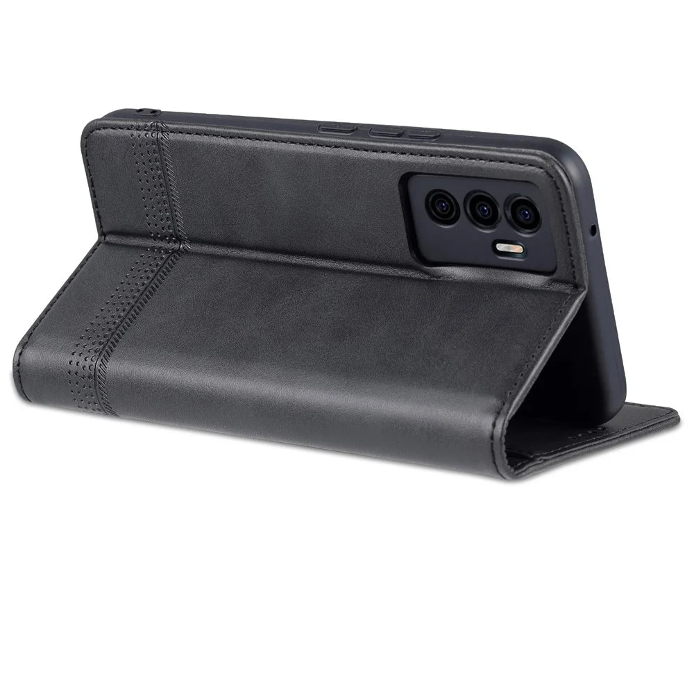 AZNS Book Stand PU Leather Phone Case Magnetic Auto-absorbed Wallet Flip Cover for vivo S10e / V23e 4G - Black - 5