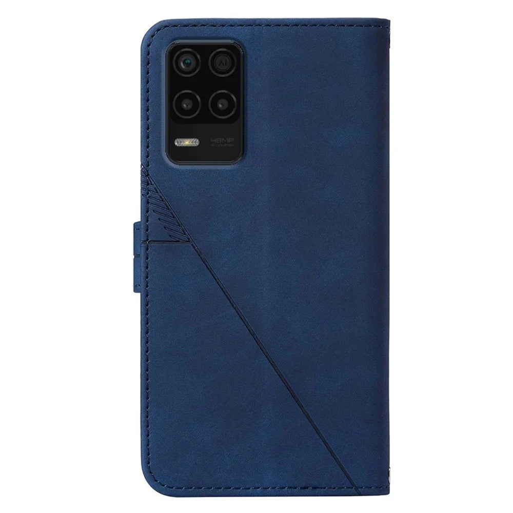 PB2-1 Series Lines Imprinting Phone Case for Realme 8 5G/V13 5G/Narzo 30 5G, Flip Stand Soft PU Leather Magnetic Wallet Cover with Shoulder Strap - Sapphire - 3