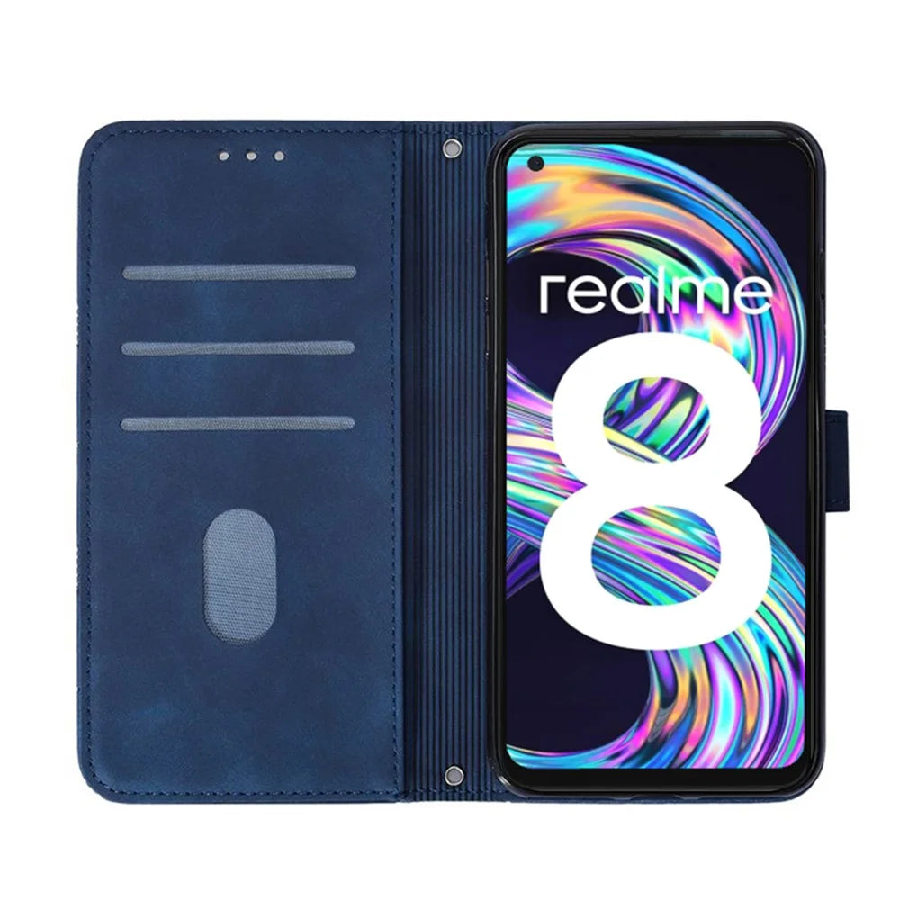 PB2-1 Series Lines Imprinting Phone Case for Realme 8 5G/V13 5G/Narzo 30 5G, Flip Stand Soft PU Leather Magnetic Wallet Cover with Shoulder Strap - Sapphire - 4