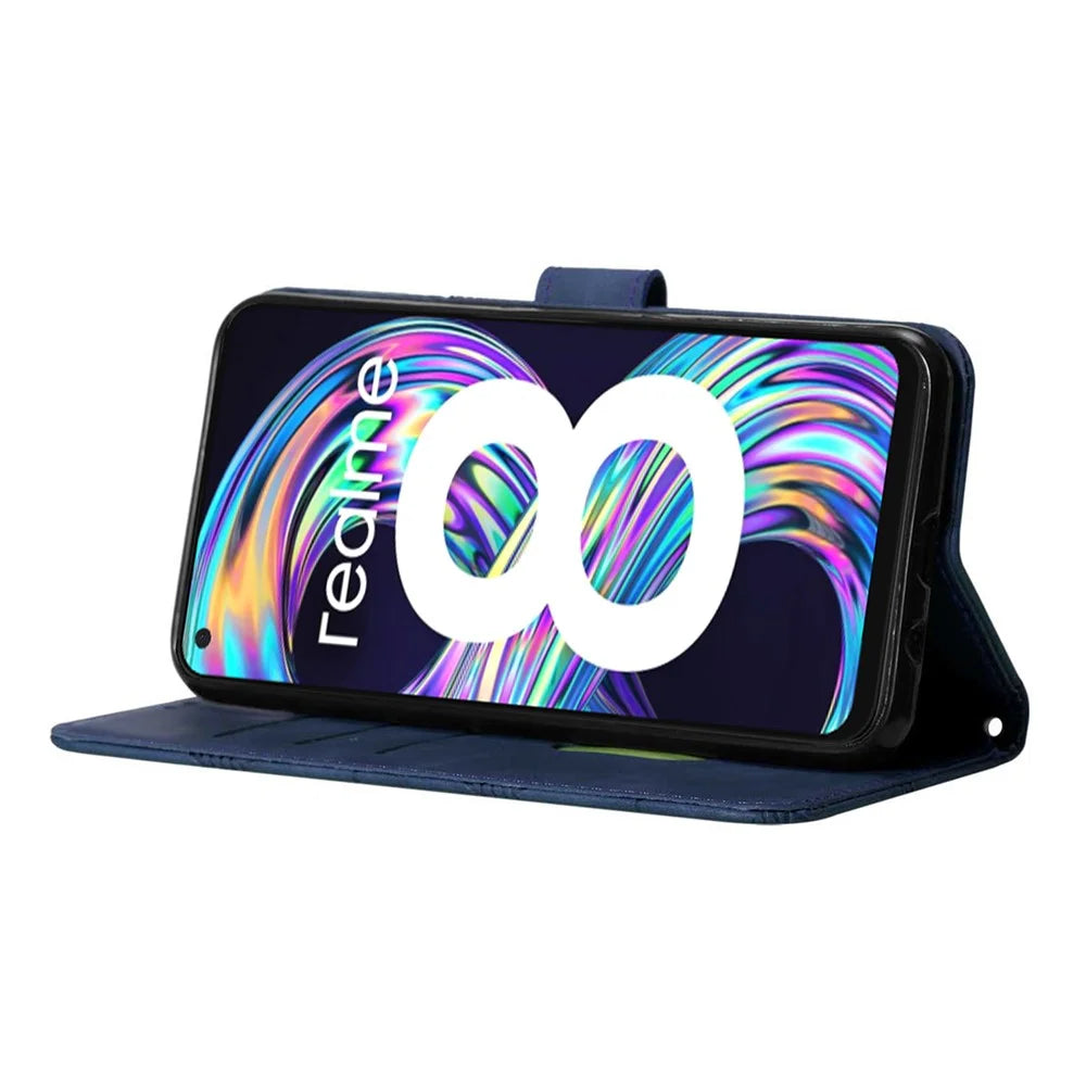 PB2-1 Series Lines Imprinting Phone Case for Realme 8 5G/V13 5G/Narzo 30 5G, Flip Stand Soft PU Leather Magnetic Wallet Cover with Shoulder Strap - Sapphire - 5