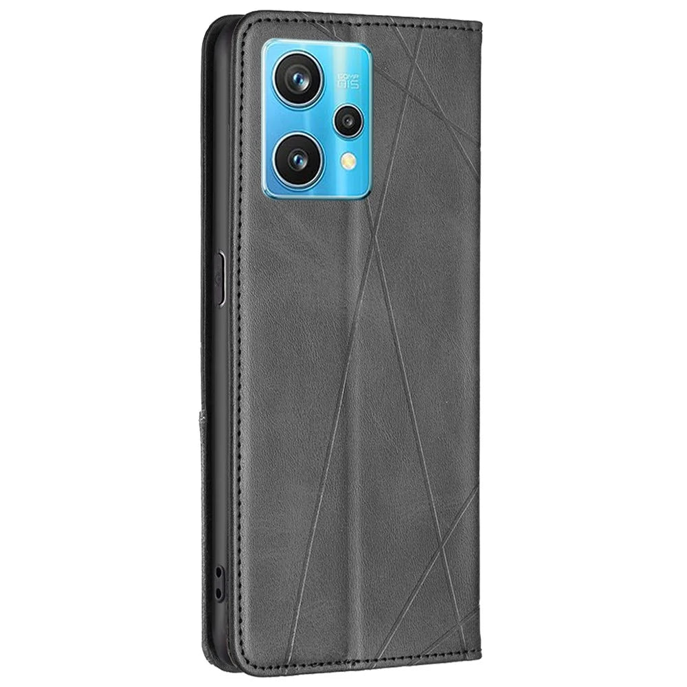 For Realme 9 Pro+ Imprinting Pattern Splicing Design Cover with Card Slots PU Leather + TPU Stand Cell Phone Shell - Black - 3