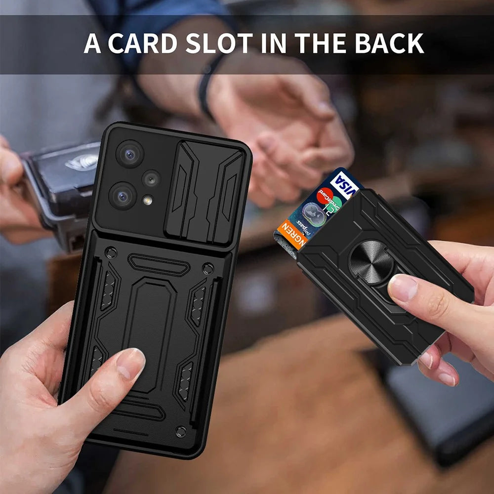 For Realme 9 Pro 5G / 9 5G / V25 Ring Kickstand Card Holder Phone Case Hybrid Soft TPU Hard PC Back Rugged Cover with Slide Camera Cover Protection - Black - 5