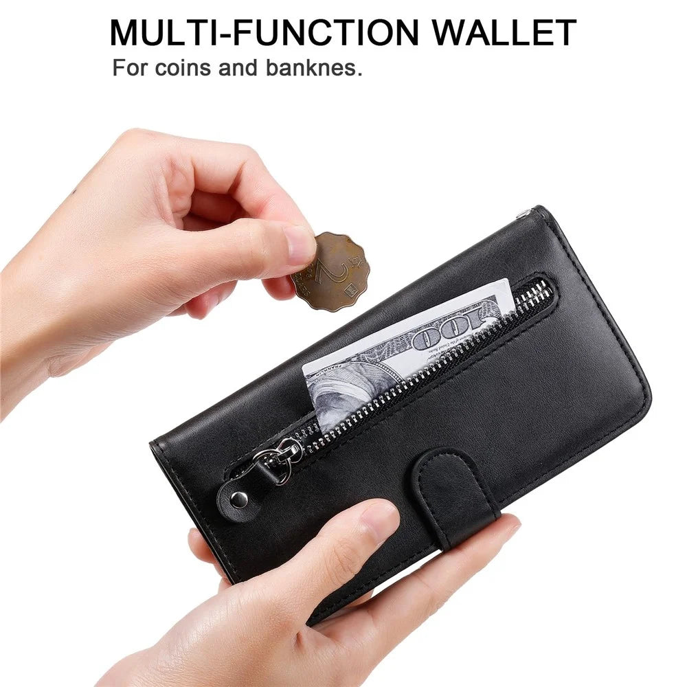 For Realme 9 Pro 5G / 9 5G / V25 Wallet Case PU Leather Magnetic Flip Zipper Stand Protective Phone Cover - Black - 5