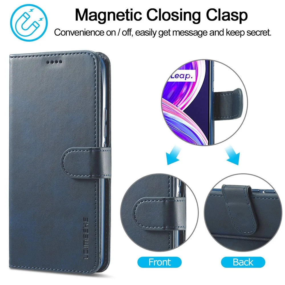 LC.IMEEKE For Realme 8 5G/9 5G/9 Pro 5G/V13 5G/Q3 5G/Q3i 5G PU Leather Flip Wallet Case Stand Shockproof TPU Inner Shell Phone Cover - Blue - 6