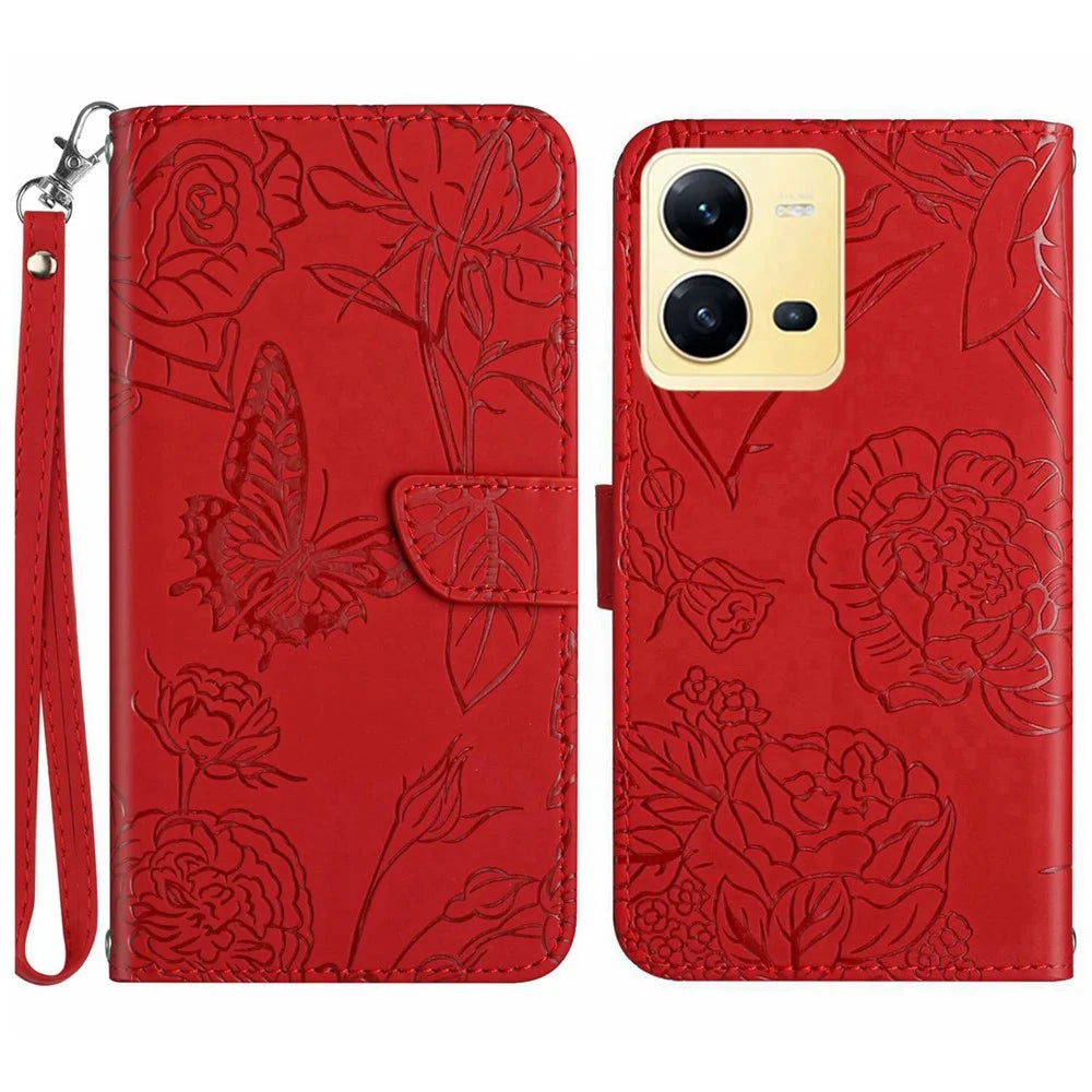 For vivo X80 Lite 5G / V25 5G HT03 Imprinted Butterfly Flowers Wallet Case Skin-touch PU Leather Magnetic Closure Flip Stand Cover with Strap - Red - 1