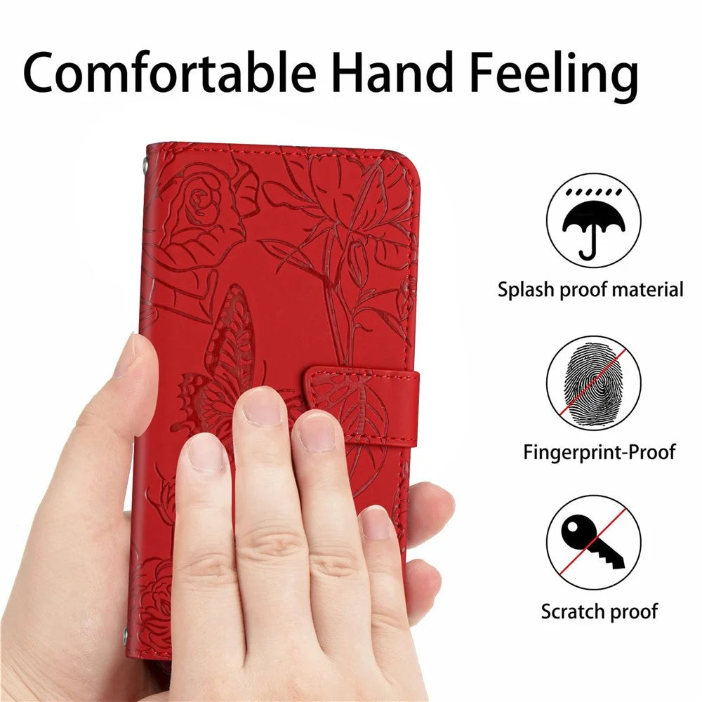 For vivo X80 Lite 5G / V25 5G HT03 Imprinted Butterfly Flowers Wallet Case Skin-touch PU Leather Magnetic Closure Flip Stand Cover with Strap - Red - 5
