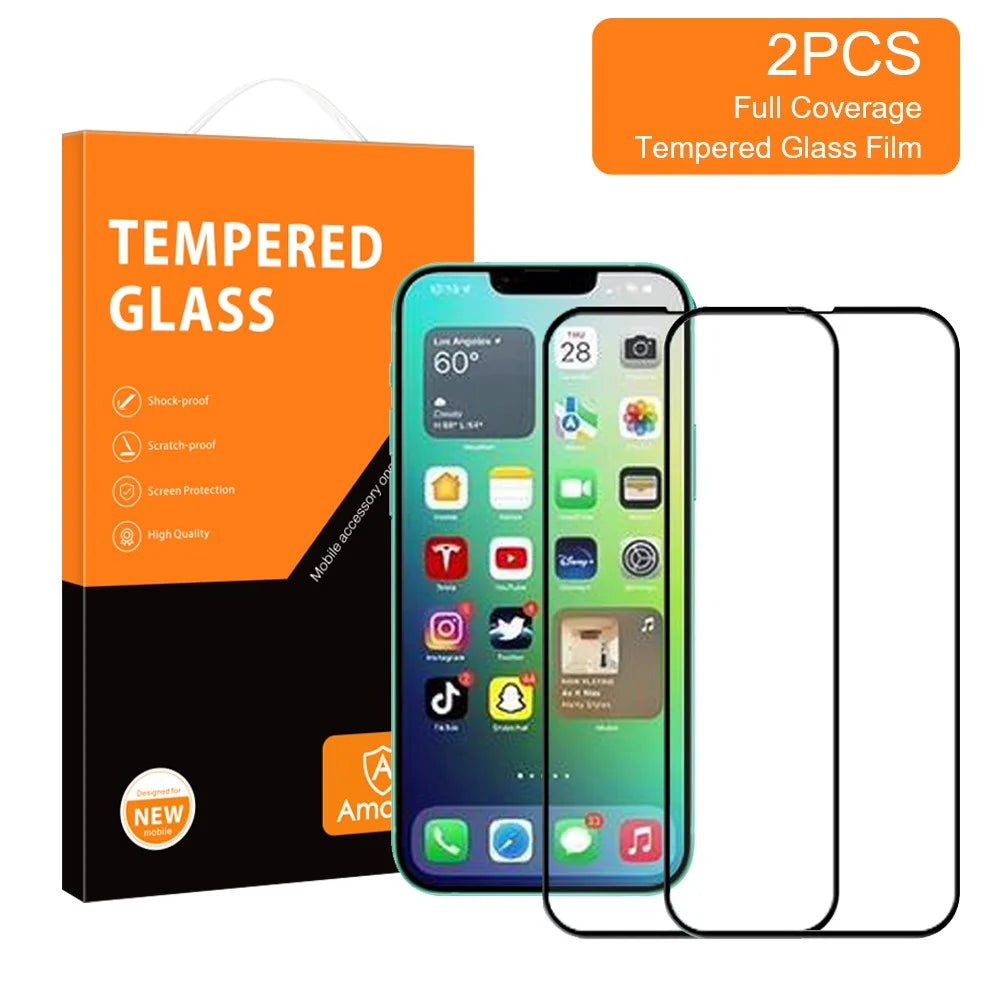 AMORUS 2Pcs/Pack for iPhone 14 6.1 inch Tempered Glass Full Screen Protector, Secondary Strengthening Silk Printing Full Glue Film - Black - 3
